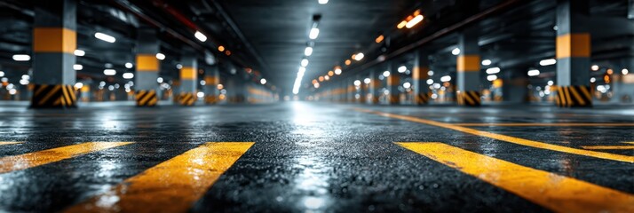 Low angle view of a modern parking garage with wet floor reflecting lights in the evening