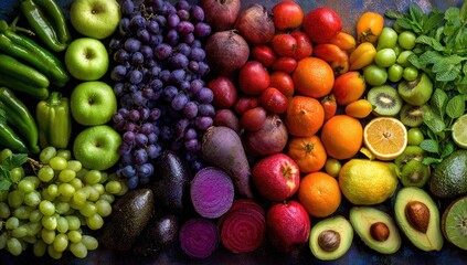 Vibrant array of fresh fruits and vegetables in rainbow colors, showcasing a wide variety of produce