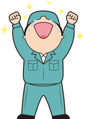 ガッツポーズをする男性作業員