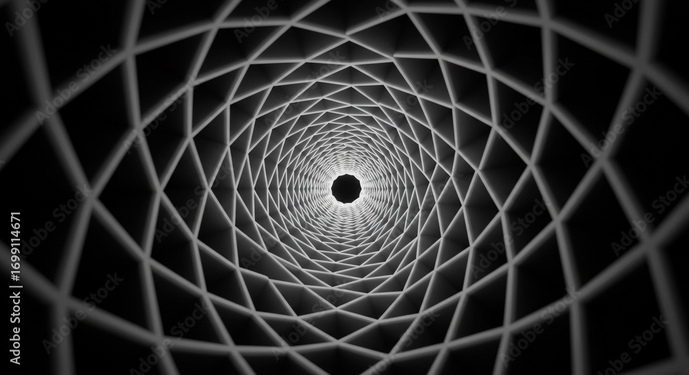 Poster abstract geometric tunnel vortex with light at the end creating a mesmerizing visual journey.