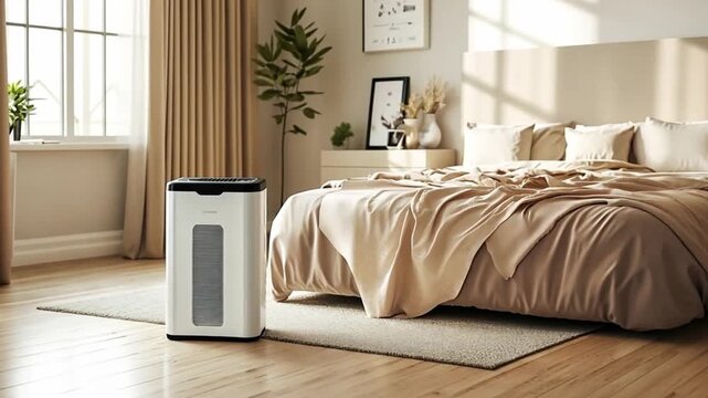 A modern bedroom featuring a beige bedspread, large window with curtains, and a white air purifier on the floor. The decor is minimalistic and cozy.