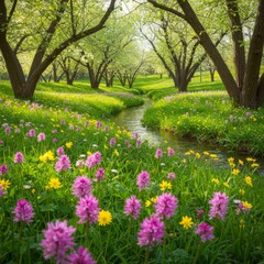 Obraz premium Serene Spring Meadow with Pink and Yellow Flowers