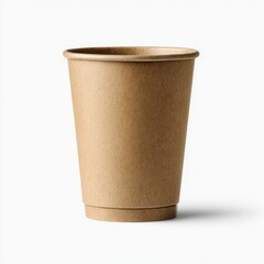 Empty light brown paper coffee cup on white