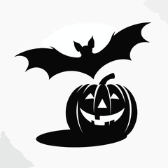 Silhouette of a bat flying above a Halloween pumpkin with a simple and minimalist flat design using a white background.