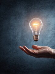 Hand Holding a Glowing Light Bulb Against a Dark Textured Background in a Creative Representation of Inspiration and Ideas