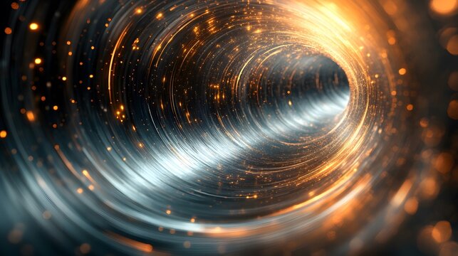 A captivating tunnel effect, showcasing swirling metallic lines and shimmering particles of golden light, creating a dynamic and futuristic visual.