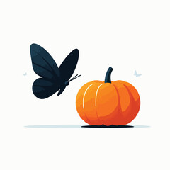 Black butterfly flying near a pumpkin with a simple and minimalist flat design using a white background