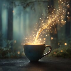 Glowing Magical Liquid Pouring into a Cup in a Mystical Forest