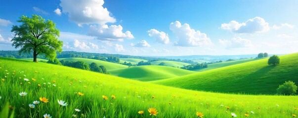 Serene rolling hills of lush green pasture, dotted with wildflowers under a clear blue sky  Perfect for idyllic, rural, or agricultural themes , meadow, environment, landscape