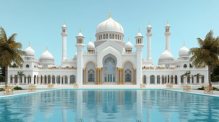 Fototapeta premium Grand White Mosque with Gold Accents Reflected in Turquoise Pool