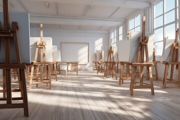 Empty art studio classroom with wooden easels and blank canvases in bright natural light.