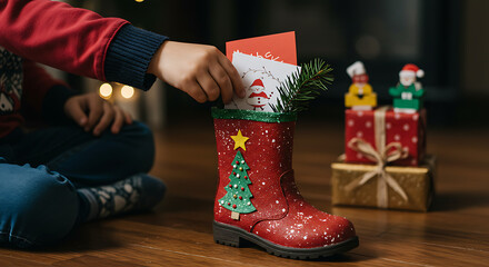 Childs hand placing Christmas cards into a festive red boot.