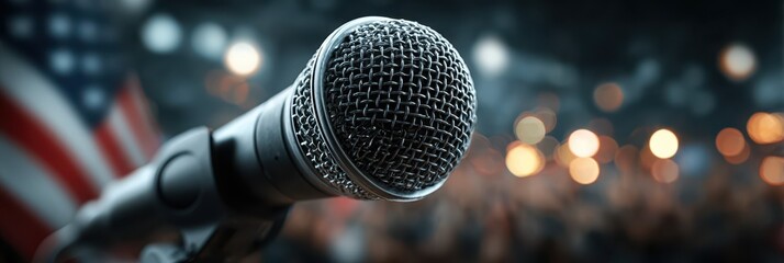 Close-up of a microphone in front of an audience with soft lights and an American flag in the background during a public event