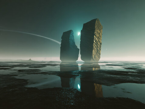 異界の浮遊巨石群と鏡面潮汐 / Floating Monolith Archipelago over Mirror Tides
