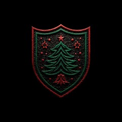 Holiday emblem featuring a decorated tree with red and green accents on a black background