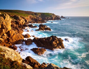 Fototapeta premium Coastal cliffs meet the ocean at golden hour