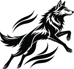 Fototapeta premium Striking black and white illustration of a wolf leaping forward with power and grace in a dynamic design