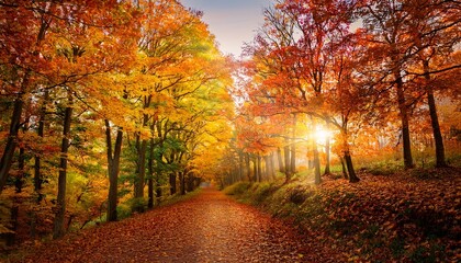 Fototapeta premium serene autumn pathway surrounded by vibrant fall foliage and sunlight filtering through trees