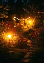 Fototapeta premium Romantic Garden Path at Night with Warm Lights