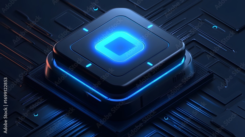Poster a futuristic, glowing dark-blue square module rests on a complex network of dark-gray circuit lines,