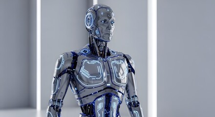 Humanoid Robot Posing in Studio with Gray Background