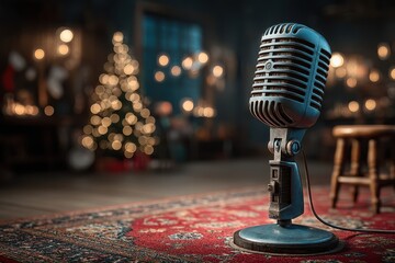 Vintage microphone set in a cozy venue decorated for the holiday season