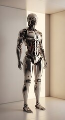 Chrome Robot Standing in Modern Room with Beige Walls