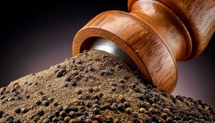 ultra realistic close up of freshly ground black peppercorns with heavy wooden grinder in high fidelity gigapixel quality to elevate culinary imagery and food photography