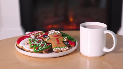 Saint Nicholas day tradition. Cup of cocoa and plate with gingerbread cookies on wooden table indoors, closeup
