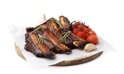 Roasted beef ribs with spices and tomatoes isolated on white
