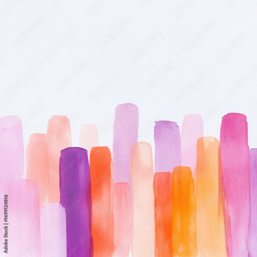 Poster abstract watercolor brush strokes rise in soft vertical bands of vibrant color, creating playful tex