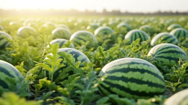 A vast field of ripe watermelons growing under the warm sun, surrounded by lush green foliage ready for harvest.