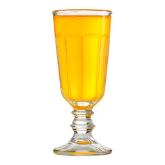 A vibrant and refreshing yellow-orange beverage is beautifully presented in an elegant ribbed glass, featuring a delicate stem, captured with clean clarity on a crisp white background