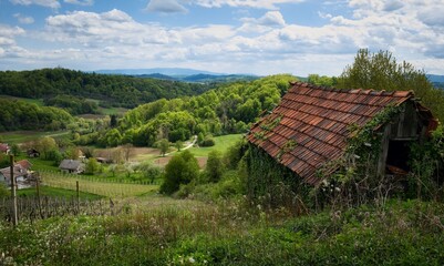 Beautiful landscape scenery with lonely house on the green hill at Klenice, Croatia, Zagorje