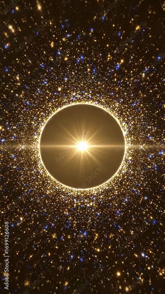 Poster circular tunnel of twinkling golden stars with a bright light streak going through center, creating 