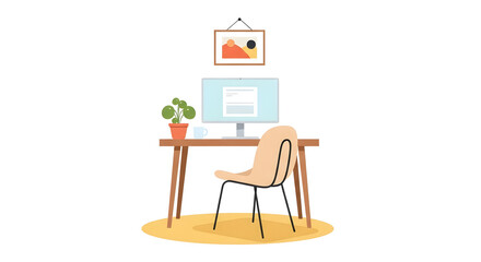 Minimalist Home Office Desk Setup with Computer and Potted Plant