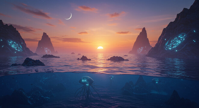 Mysterious glowing jellyfish swim in surreal bioluminescent ocean at twilight sunset with crescent moon