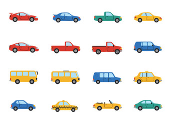 Pixelart style vehicles cars pickups buses taxis in various colors