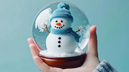 A hand holds a snow globe containing a snowman wearing a blue hat and scarf. The background is a soft blue, creating a winter atmosphere. - Powered by Adobe