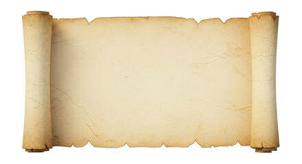 Unfurling antique parchment scroll with aged texture and frayed edges, perfect for historical themes