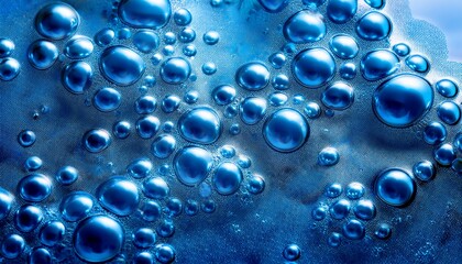close up of blue bubbles and foam with shiny surface in liquid