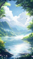 A beautiful landscape with a river and mountains in the background