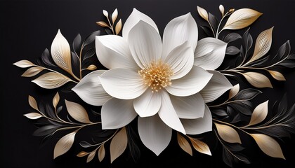 elegant floral design featuring white flower with detailed petals and leaves on black background creating striking contrast and sense of sophistication