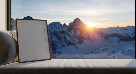 A blank vintage-style framed picture rests on a snow-dusted window ledge, overlooking a breathtaking vista of sun-kissed, snow-capped mountains at early dawn.