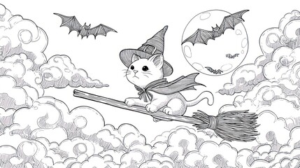 Cute cat witch flying on a broomstick during Halloween among bats and puffy clouds