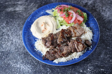 Beef Kabob with Rice, Hummus, and Salad – Middle Eastern Platter
