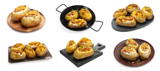Tasty baked potatoes with stuffing isolated on white, set