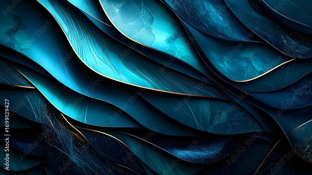 Poster abstract background featuring textured blue and turquoise layers with golden accents and elegant wav