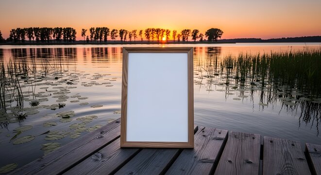 A realistic representation of an empty rustic wooden frame placed on weathered wooden planks of a pier, overlooking a peaceful lake with water lilies as the sun sets. - Powered by Adobe