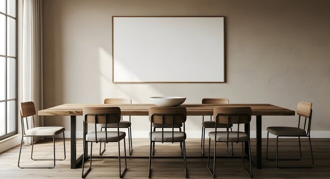 Boardroom With Large Oak Table Chairs And Blank Framed Art Display